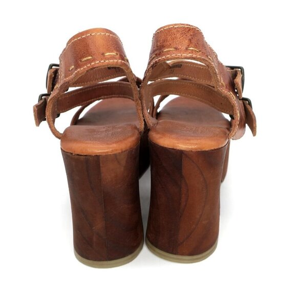 Bed Stu Kenya Cognac Leather Heeled Wooded Chunky Platform Sandals Women's 7.5 - Picture 5 of 8